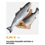 Salmón entero o mitades a 6,99€ el kilo, opción pequeña